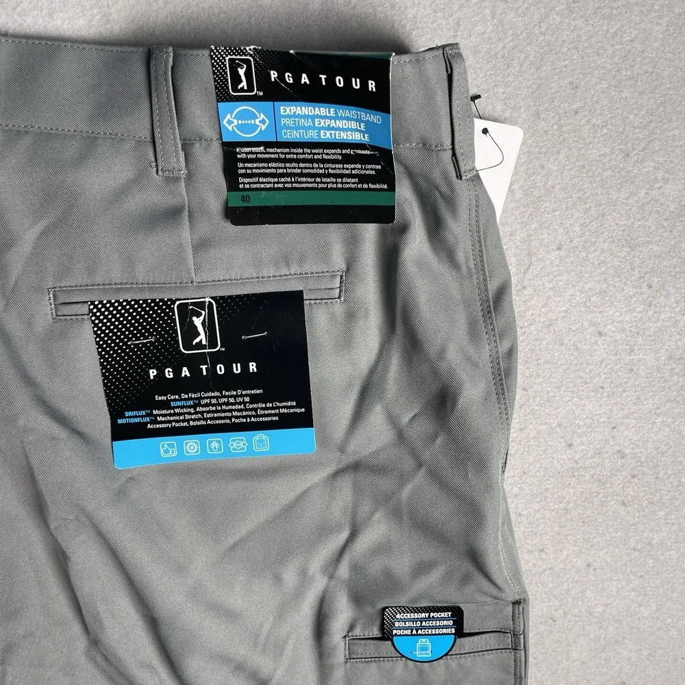 New PGA Tour Golf Chino Shorts Stretch Gray Expendable Waist Men 40W‎ Flat Front